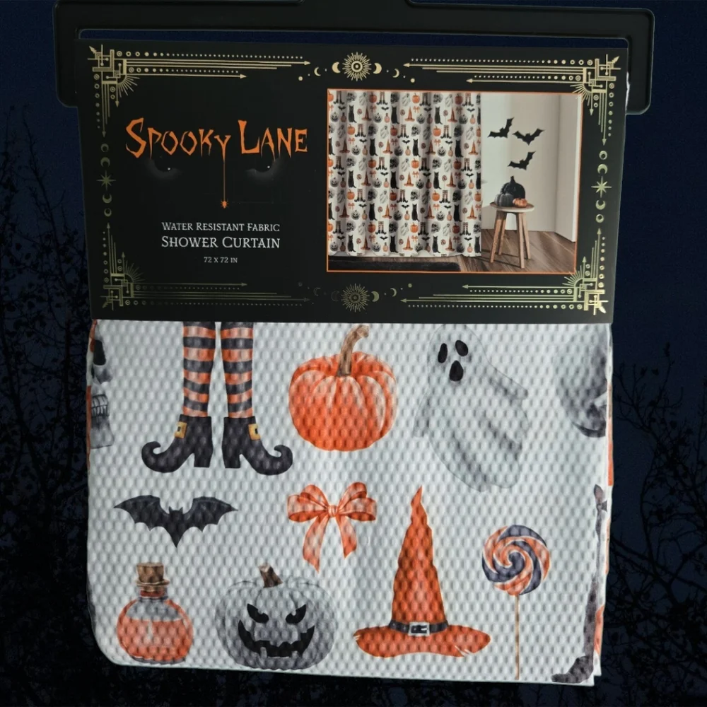 Spooky Lane Halloween Water Resistant Fabric Shower Curtain